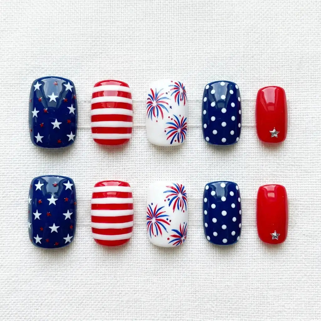 red blue white 4th july hand painted square short press on nails stripes polka dots lifestyle 02