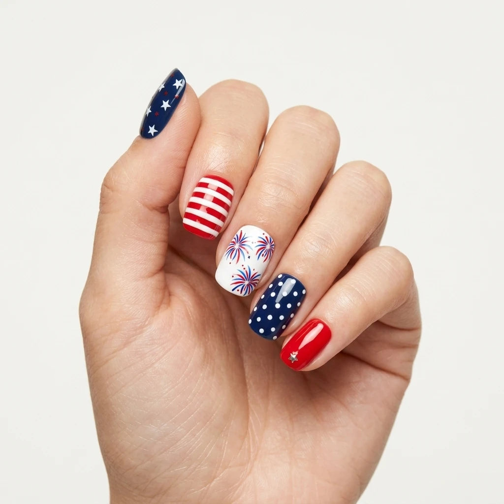 red blue white 4th july hand painted square short press on nails stripes polka dots mockup 01