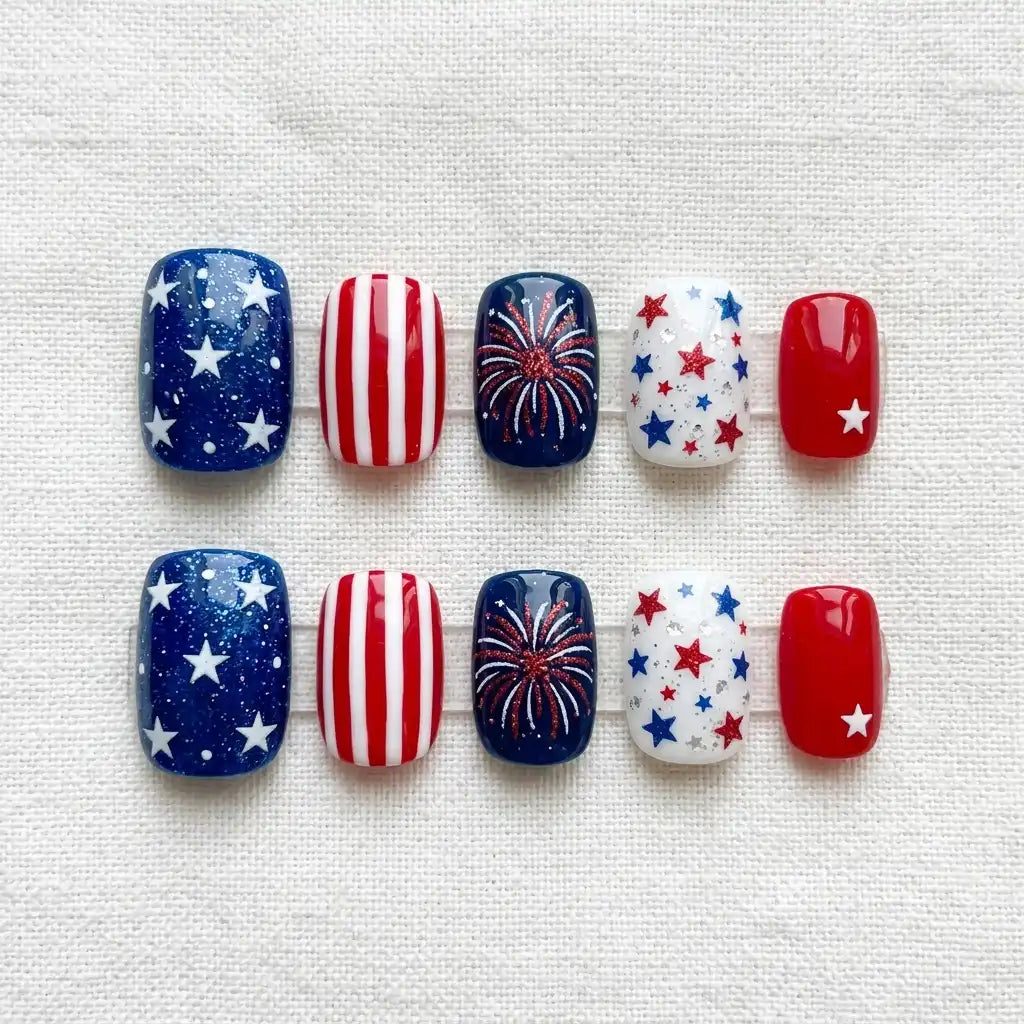 red blue white 4th july hand painted square short press on nails stripes red blue stars detail 03
