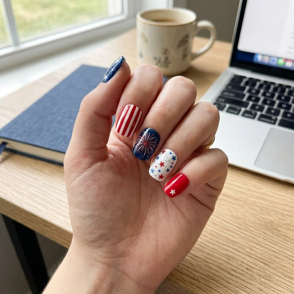 red blue white 4th july hand painted square short press on nails stripes red blue stars lifestyle 02