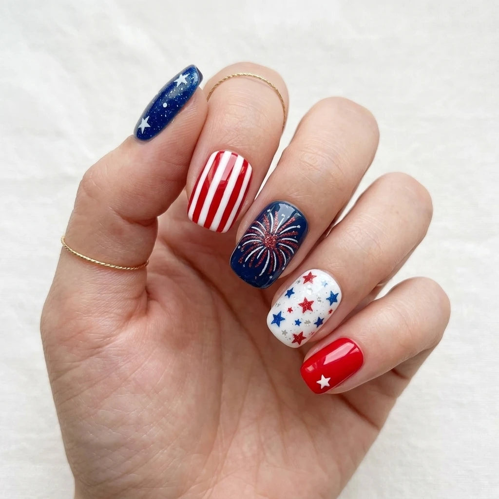 red blue white 4th july hand painted square short press on nails stripes red blue stars mockup 01