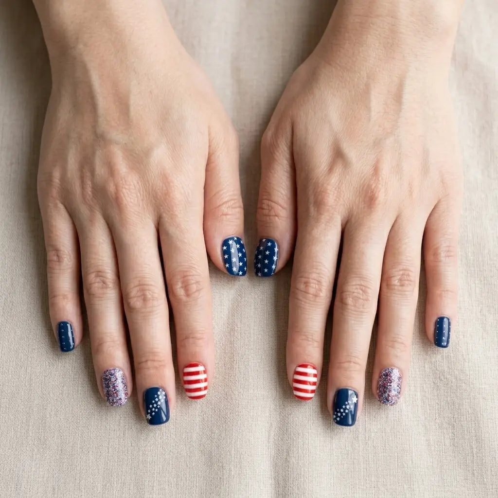 red blue white 4th july hand painted square short press on nails stripes silver stars glitter detail 03