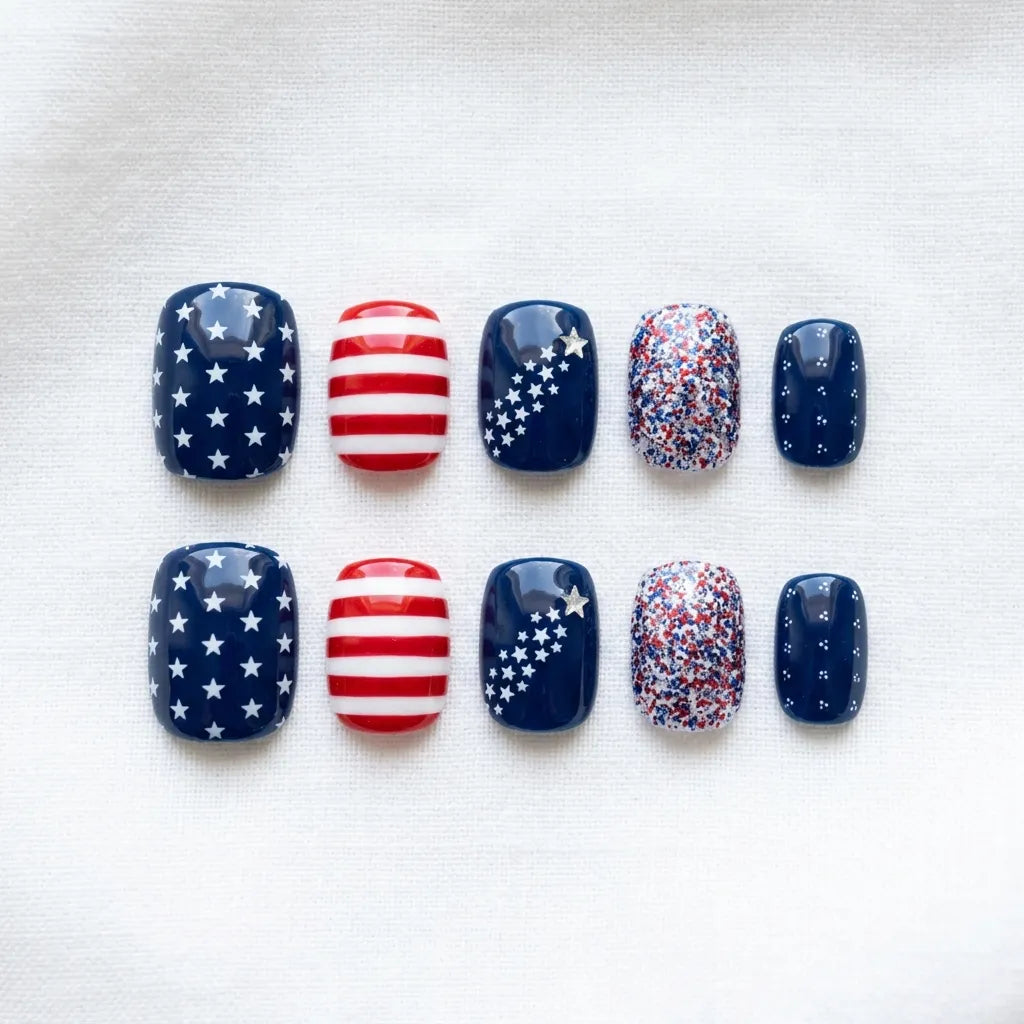 red blue white 4th july hand painted square short press on nails stripes silver stars glitter lifestyle 02