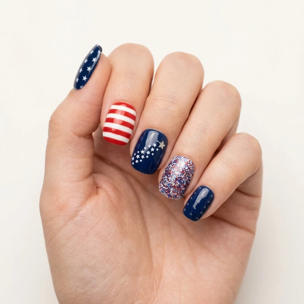 red blue white 4th july hand painted square short press on nails stripes silver stars glitter mockup 01