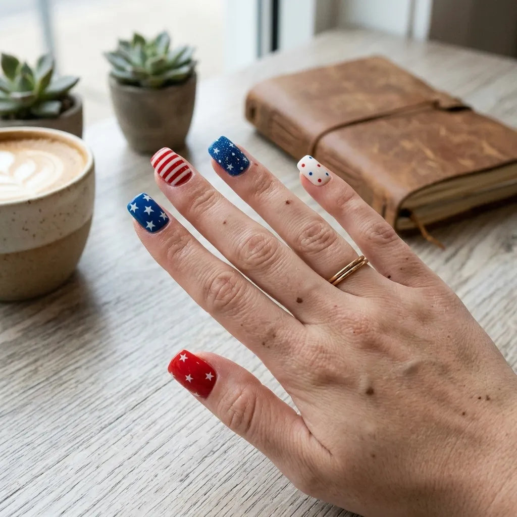 red blue white 4th july hand painted square short press on nails stripes stars polka dots detail 03