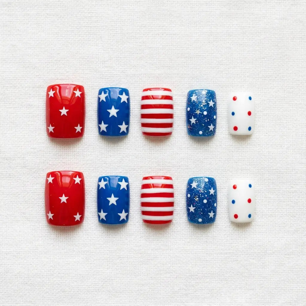 red blue white 4th july hand painted square short press on nails stripes stars polka dots lifestyle 02