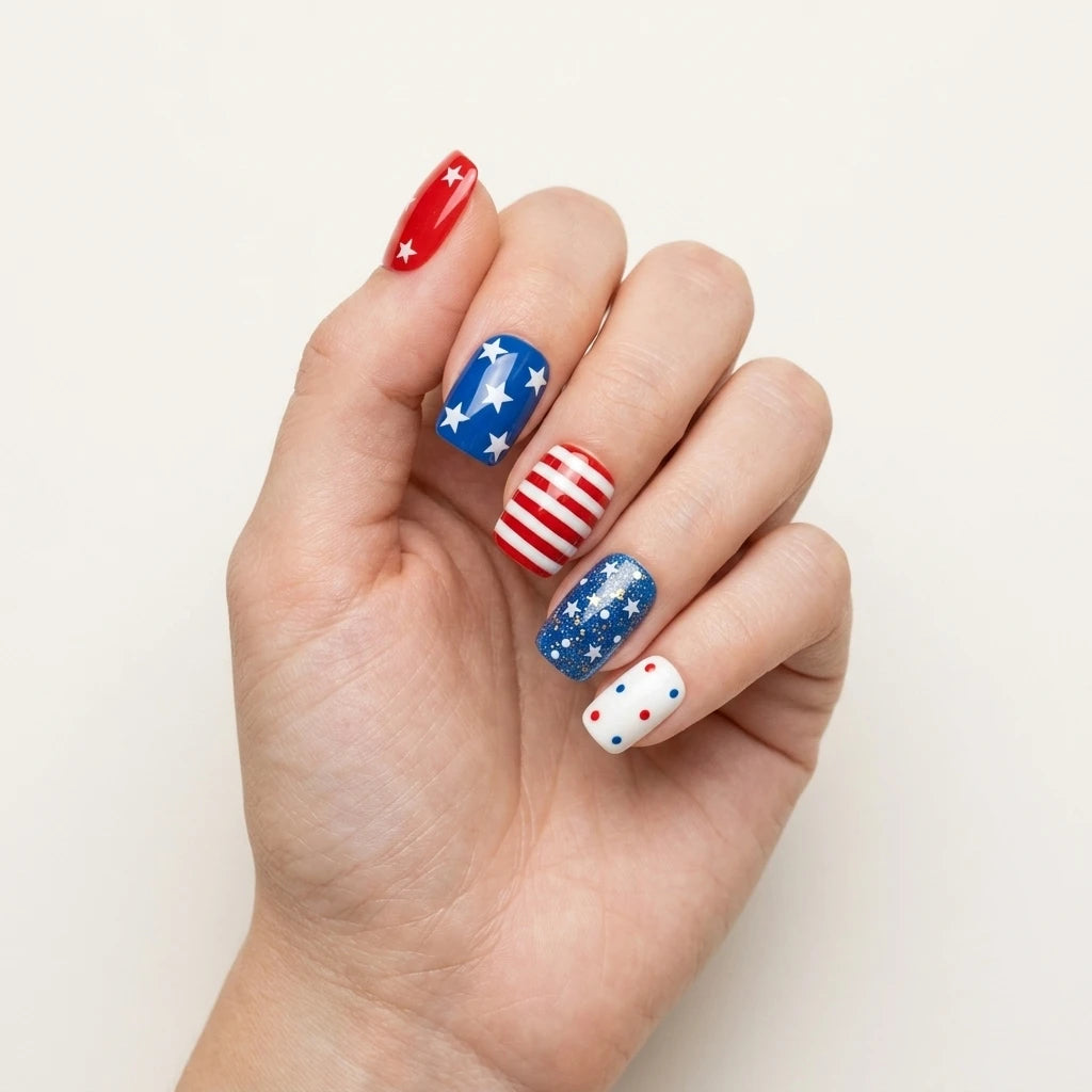 red blue white 4th july hand painted square short press on nails stripes stars polka dots mockup 01