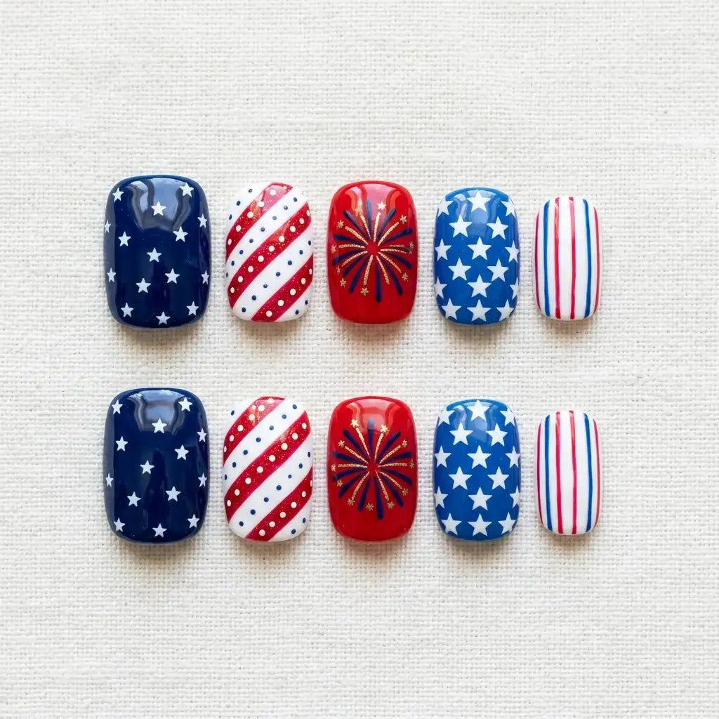 red blue white 4th july hand painted square short press on nails stripes white stars fireworks detail 03