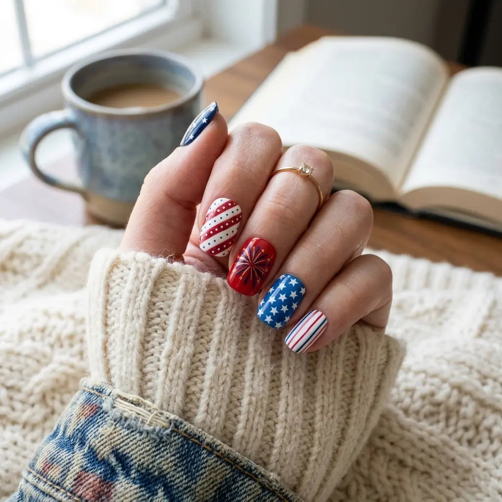 red blue white 4th july hand painted square short press on nails stripes white stars fireworks lifestyle 02