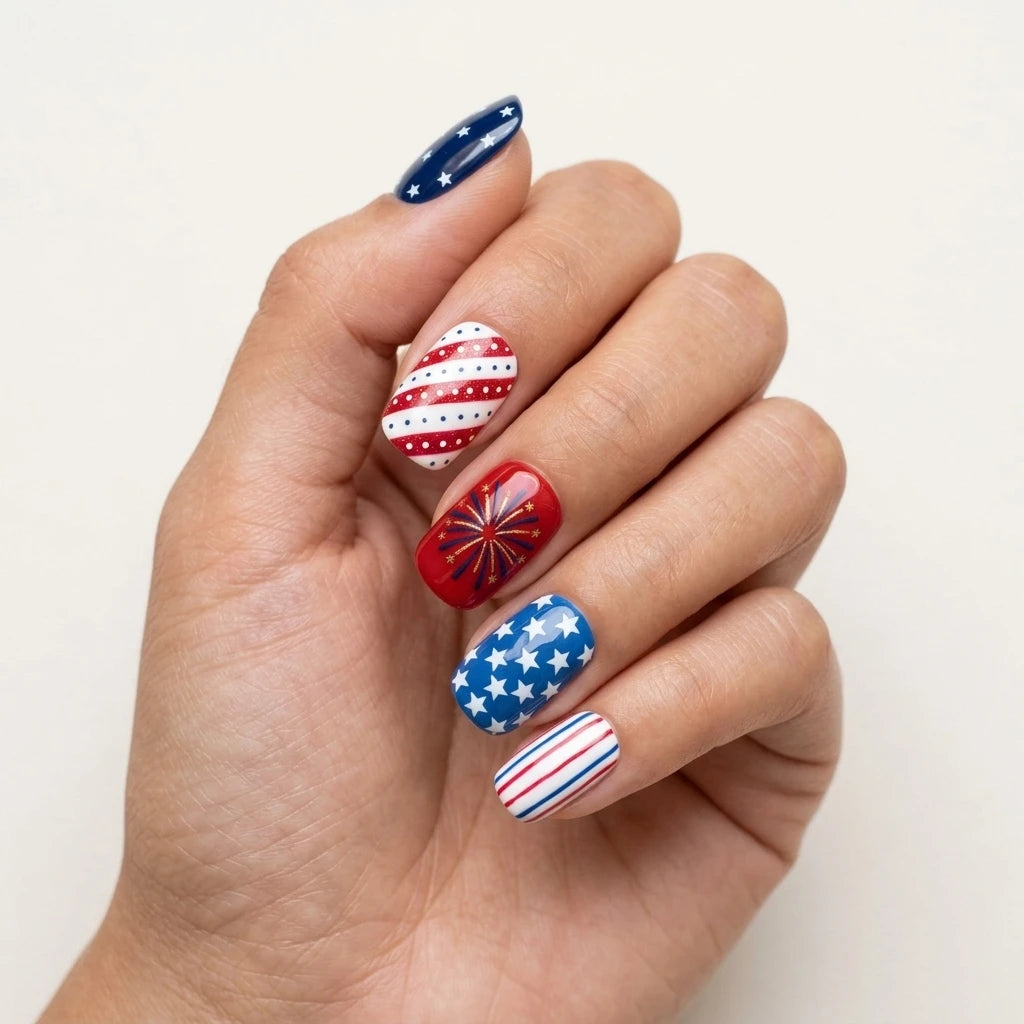 red blue white 4th july hand painted square short press on nails stripes white stars fireworks mockup 01