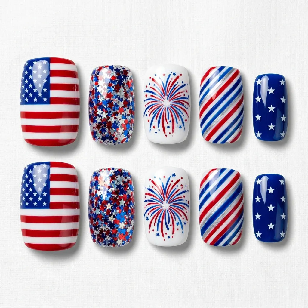red blue white 4th july hand painted square short press on nails swirl stripes fireworks lifestyle 02