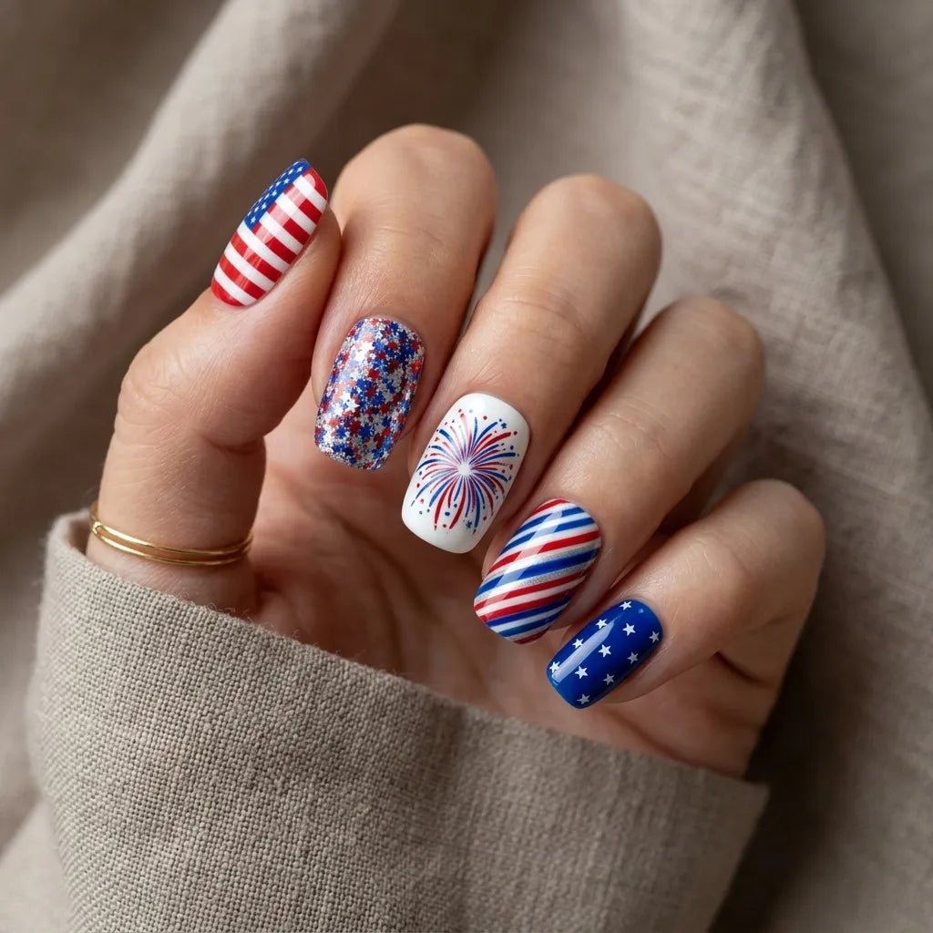 red blue white 4th july hand painted square short press on nails swirl stripes fireworks mockup 01