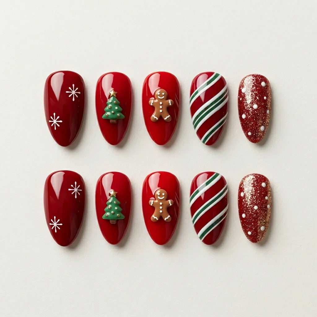 red gold 3d almond press on nails snowflake christmas tree gingerbread glitter flat lay 01