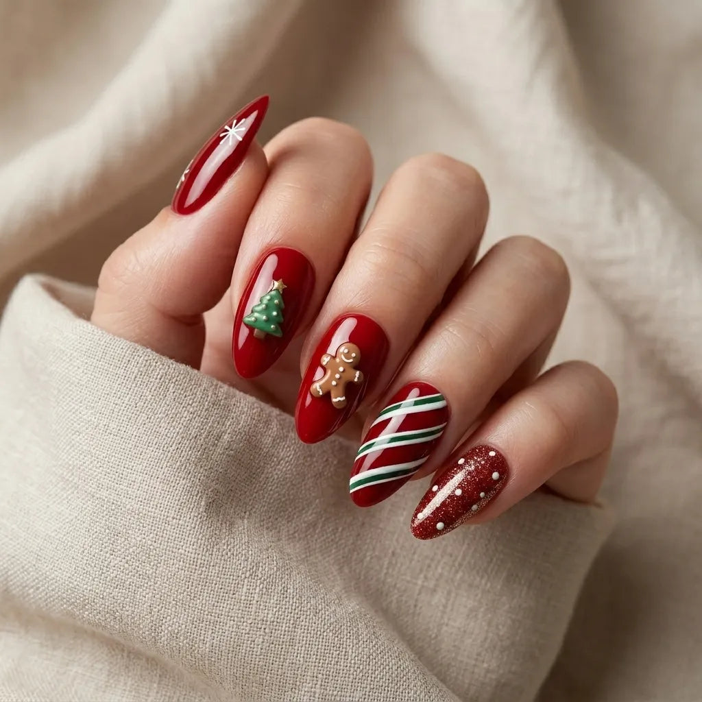 red gold 3d almond press on nails snowflake christmas tree gingerbread glitter lifestyle 01