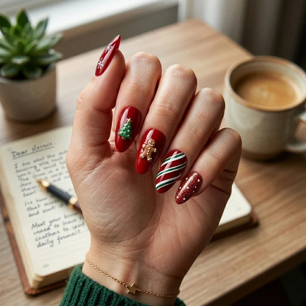 red gold 3d almond press on nails snowflake christmas tree gingerbread glitter lifestyle 02