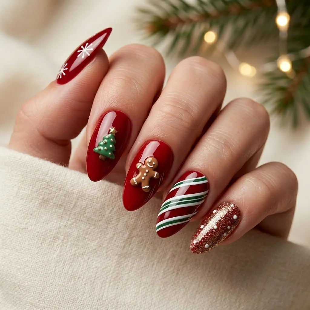 red gold 3d almond press on nails snowflake christmas tree gingerbread glitter lifestyle 03