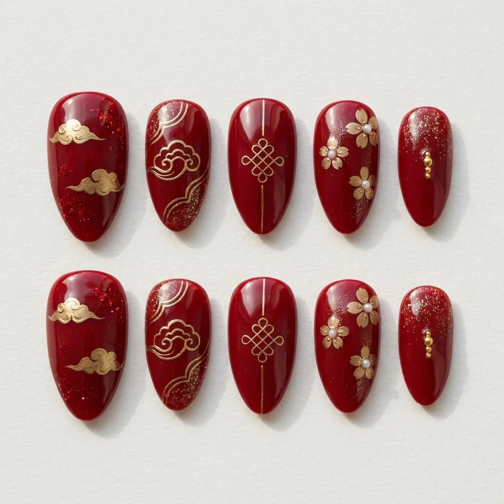 red gold cat eye almond press on nails cloud flower knot flat lay 01