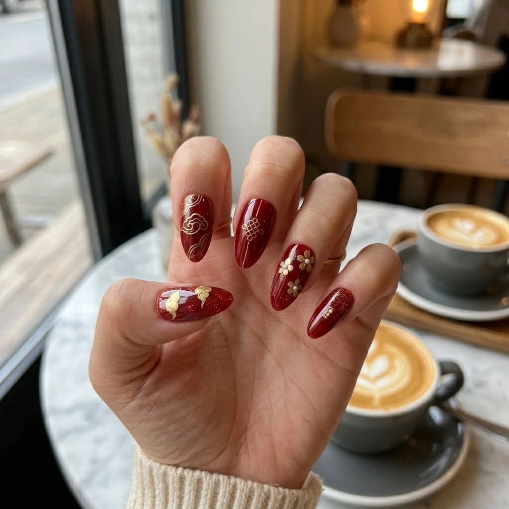 red gold cat eye almond press on nails cloud flower knot lifestyle 01