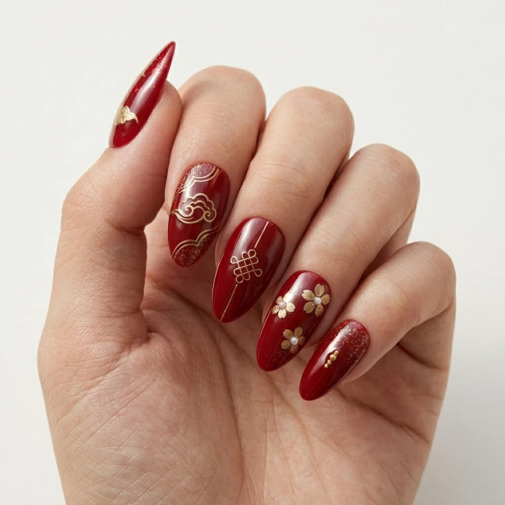 red gold cat eye almond press on nails cloud flower knot mockup 01