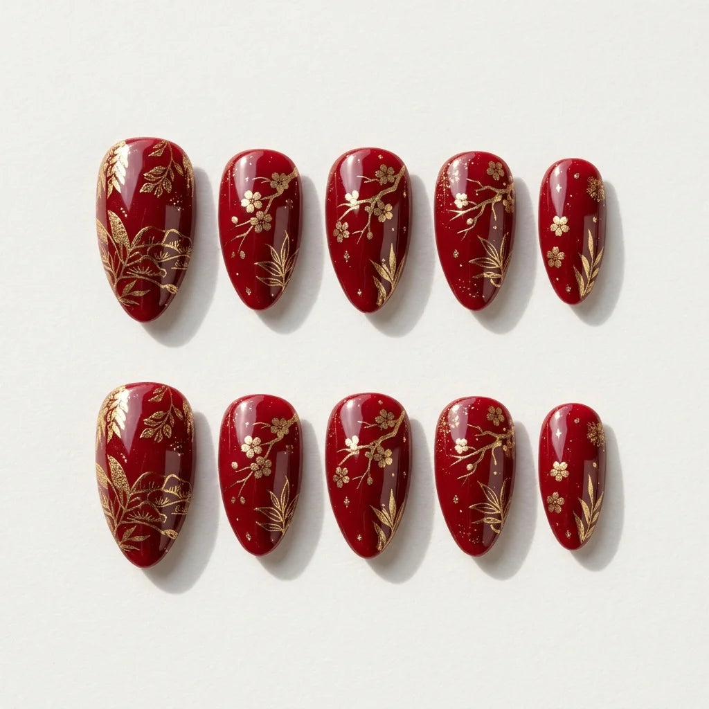 red gold cat eye almond press on nails flower leaf branch flat lay 01