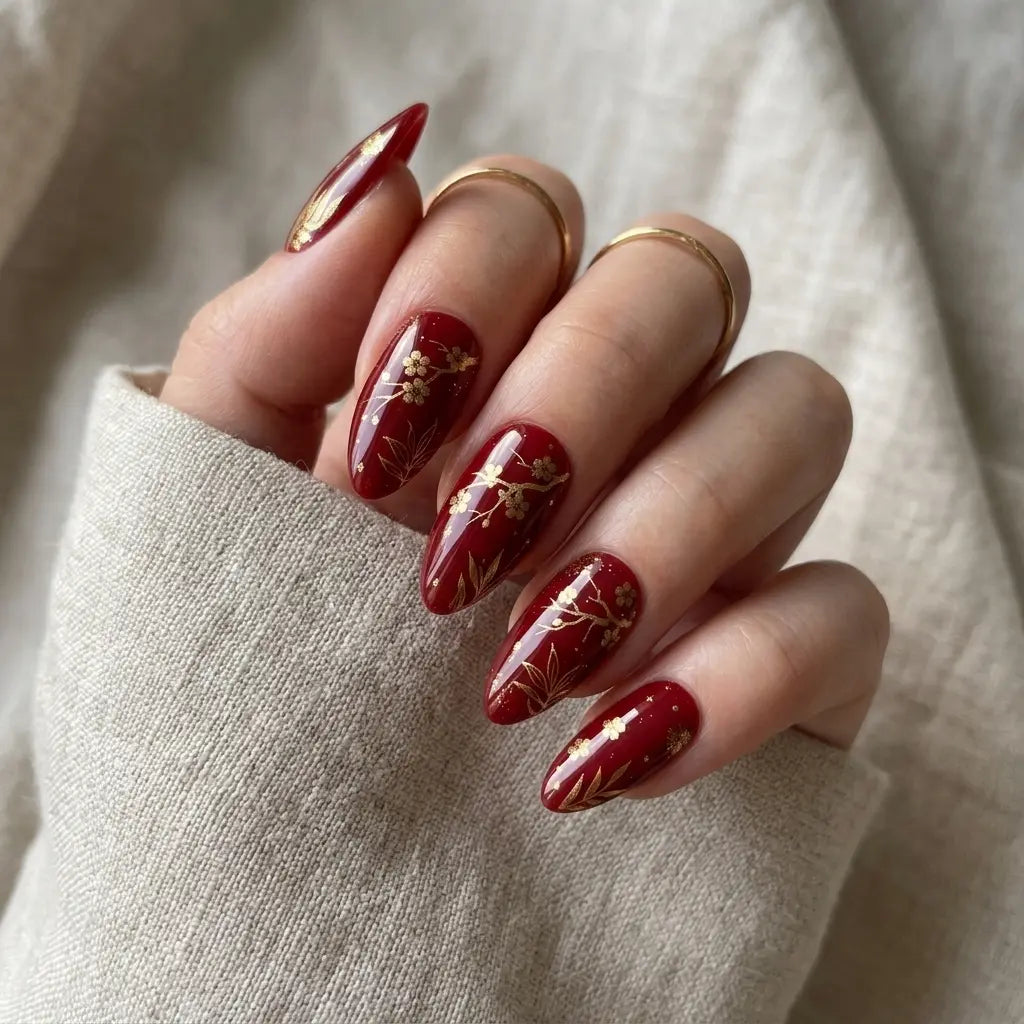 red gold cat eye almond press on nails flower leaf branch lifestyle 01