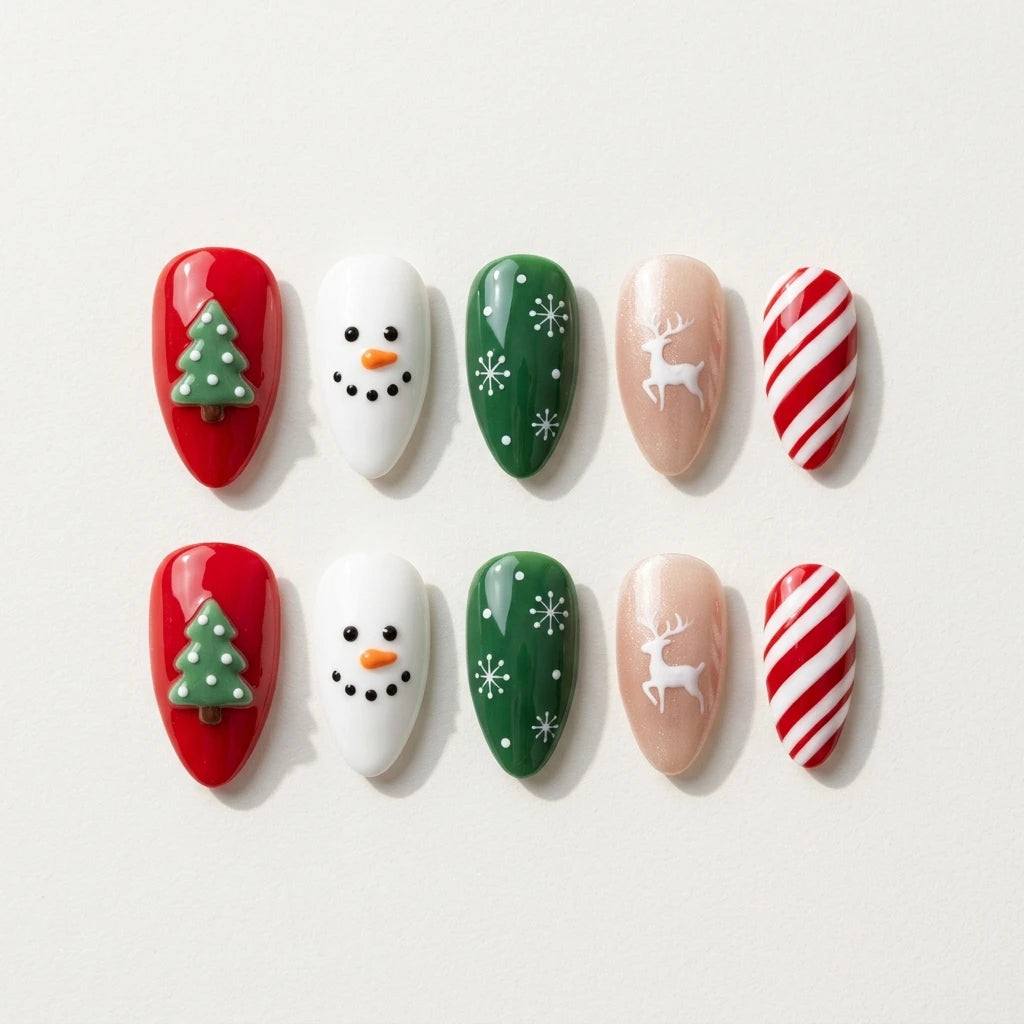 red green 3d almond press on nails christmas tree reindeer snowman candy cane flat lay 01