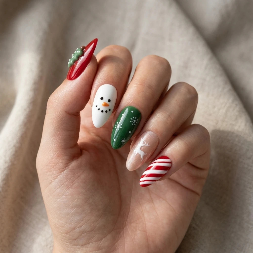 red green 3d almond press on nails christmas tree reindeer snowman candy cane lifestyle 01