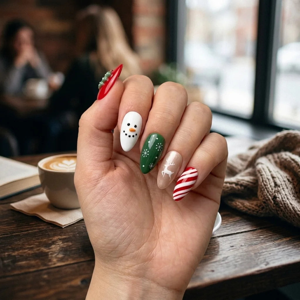 red green 3d almond press on nails christmas tree reindeer snowman candy cane lifestyle 02
