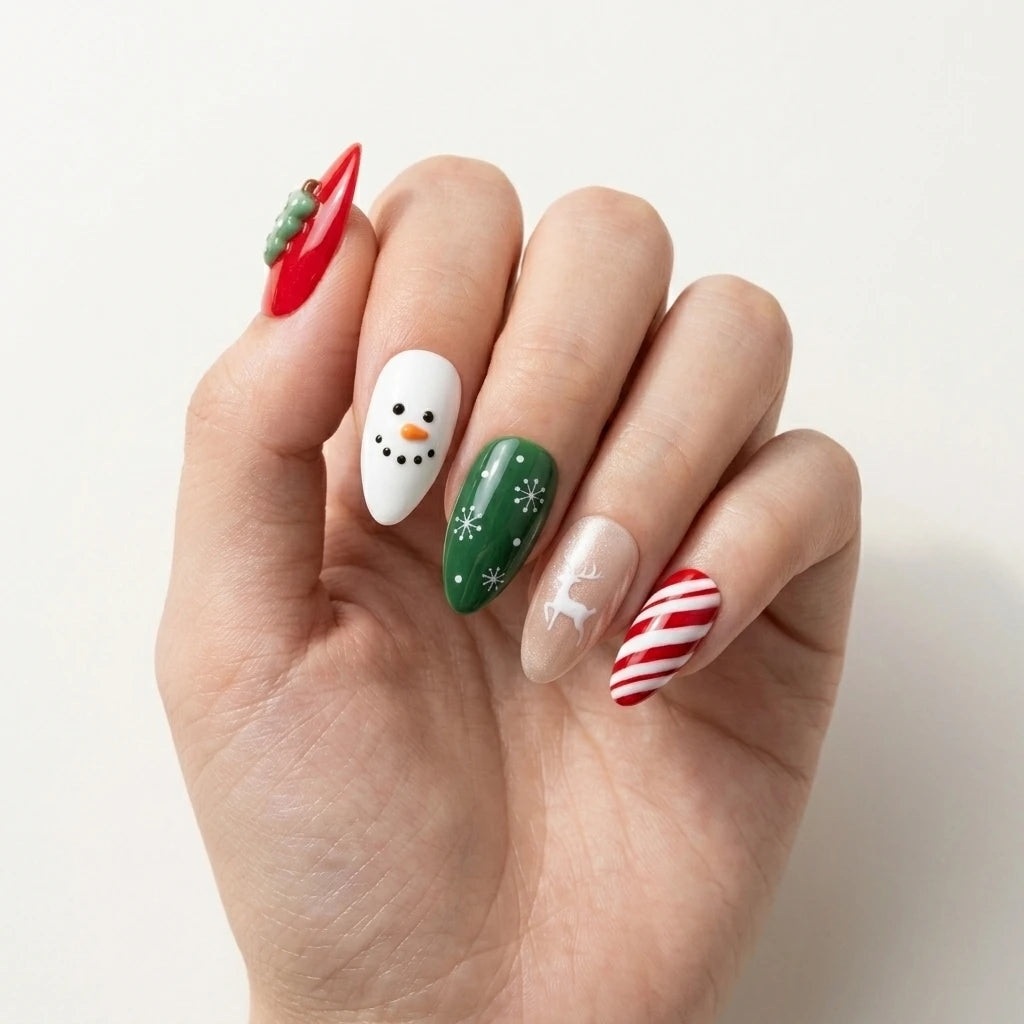red green 3d almond press on nails christmas tree reindeer snowman candy cane mockup 01