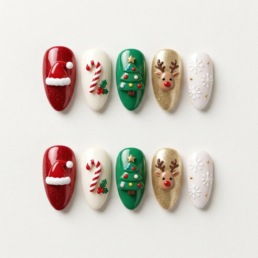 red green 3d almond press on nails santa hat candy cane christmas tree reindeer flat lay 01