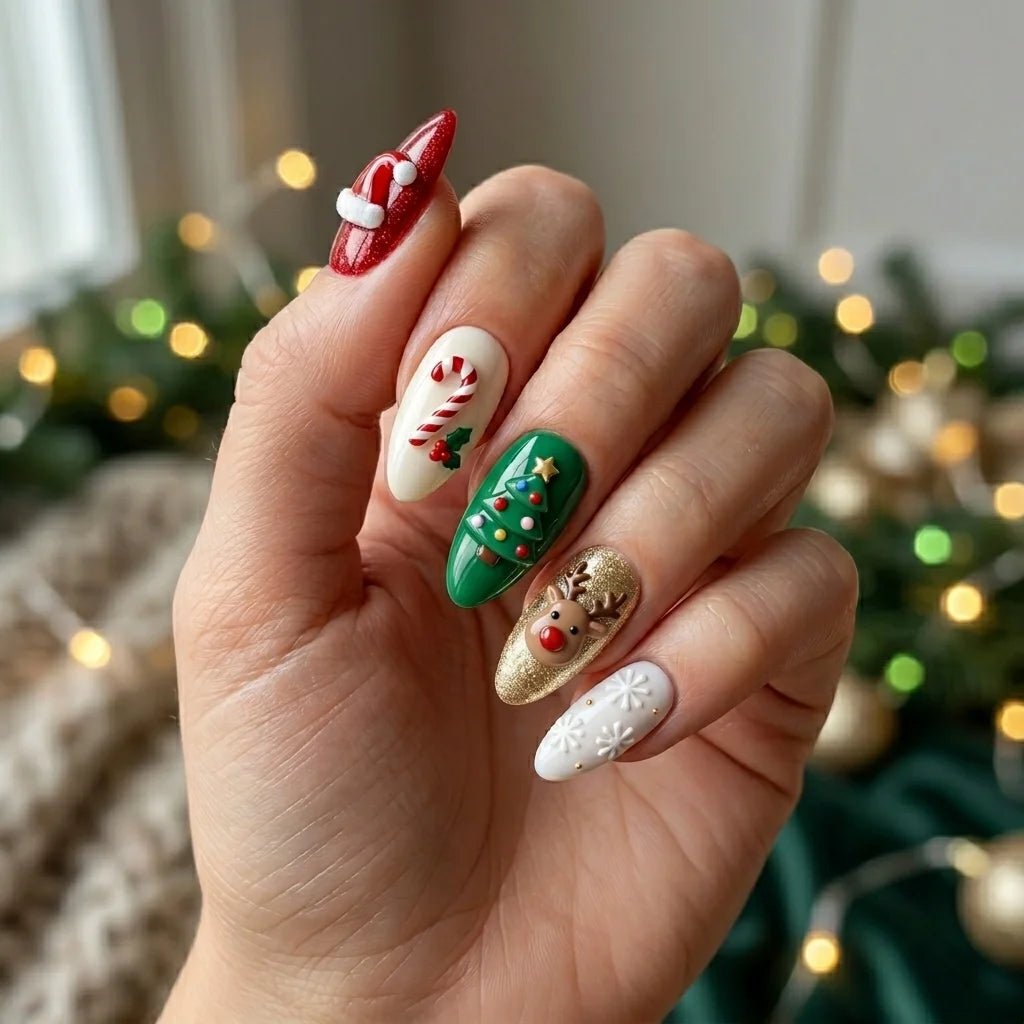 red green 3d almond press on nails santa hat candy cane christmas tree reindeer lifestyle 01