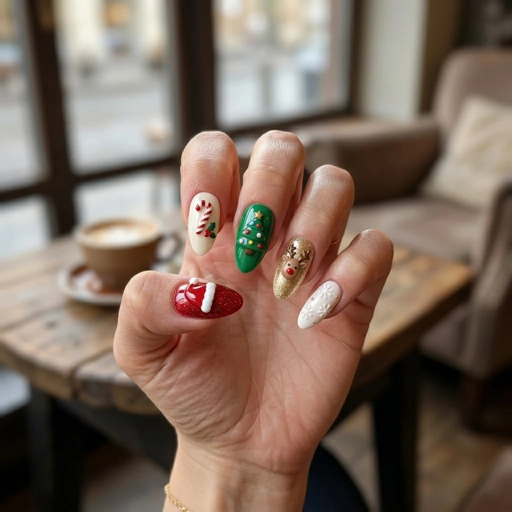red green 3d almond press on nails santa hat candy cane christmas tree reindeer lifestyle 02