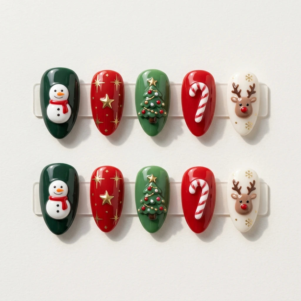 red green 3d almond press on nails snowman candy cane christmas tree reindeer flat lay 01