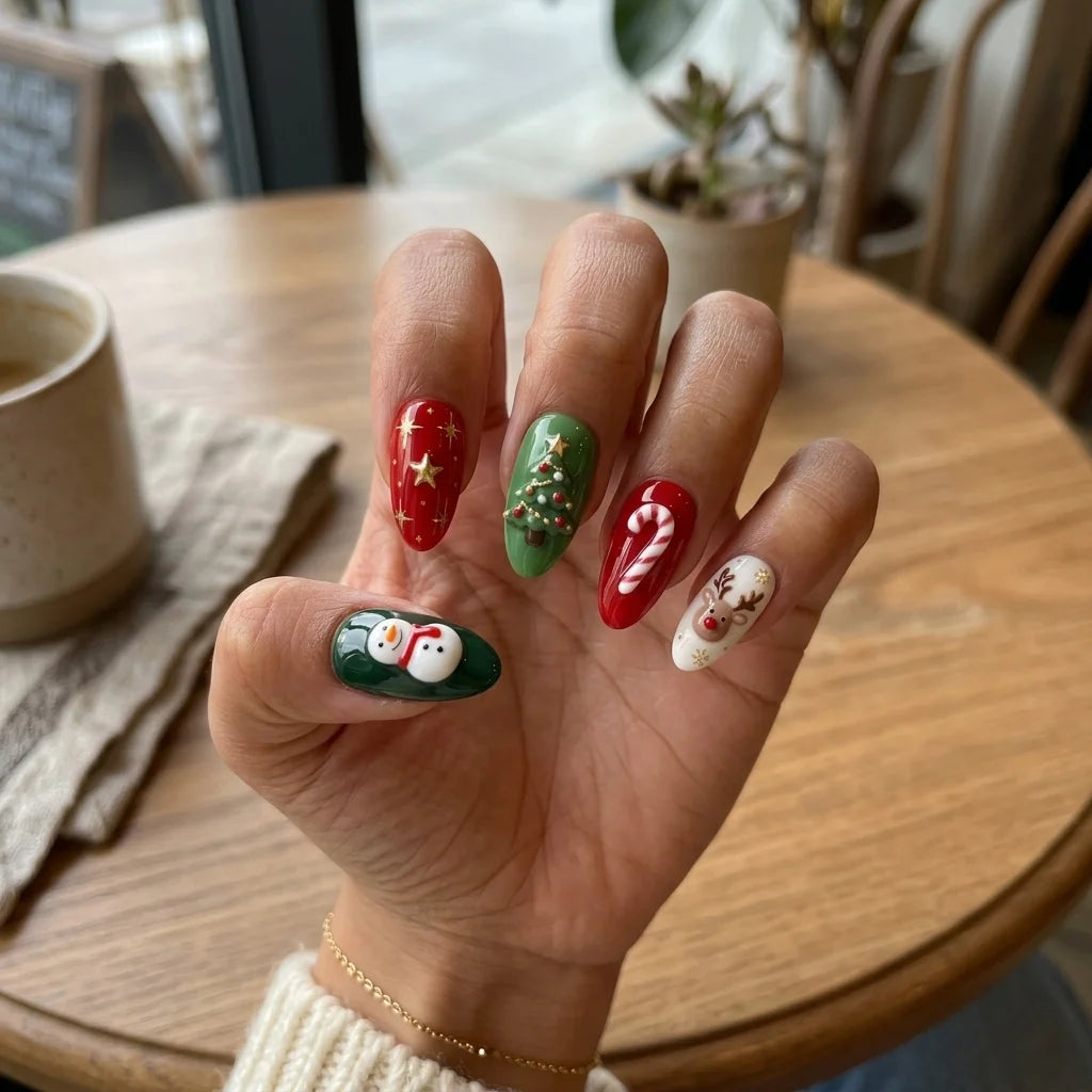 red green 3d almond press on nails snowman candy cane christmas tree reindeer lifestyle 01