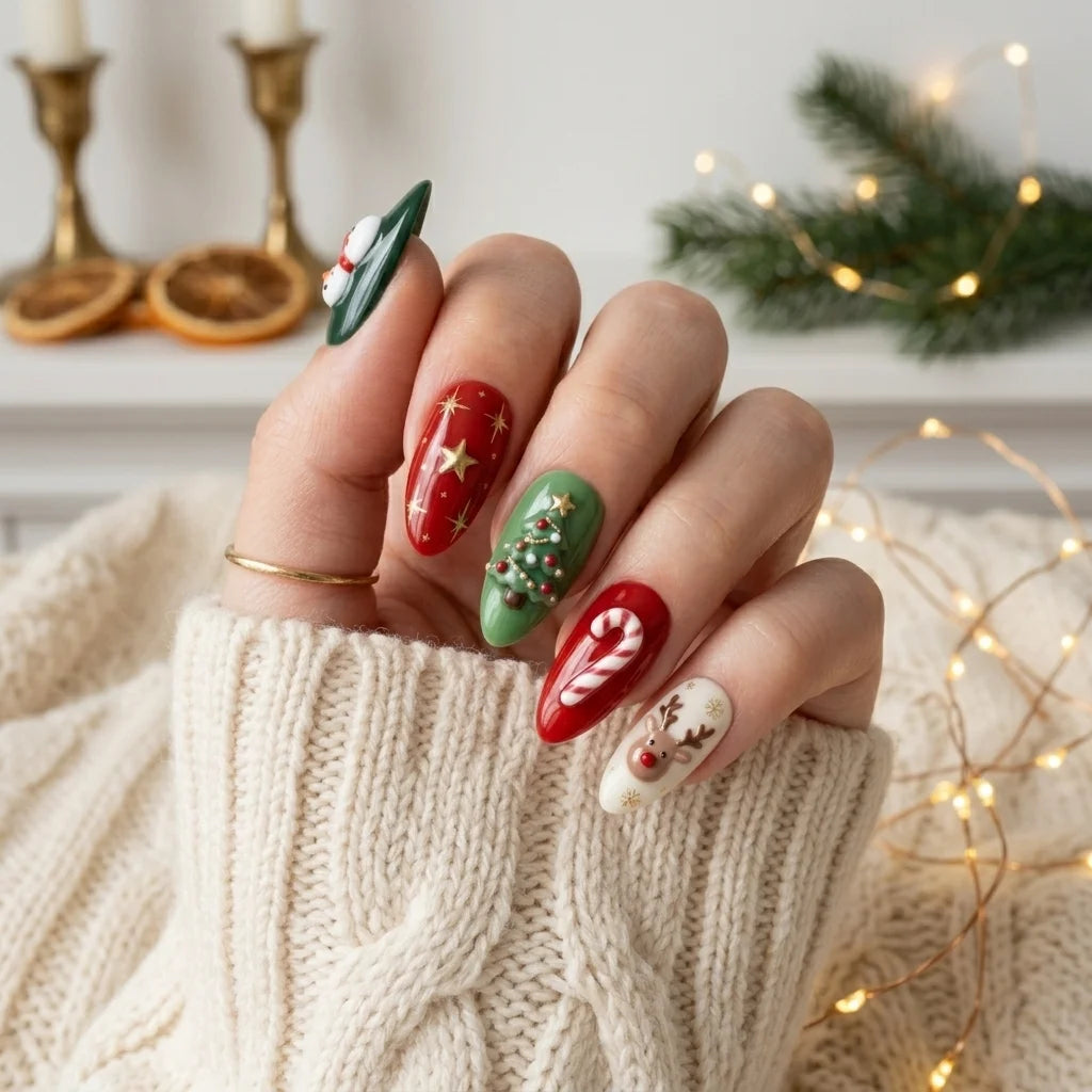 red green 3d almond press on nails snowman candy cane christmas tree reindeer lifestyle 02