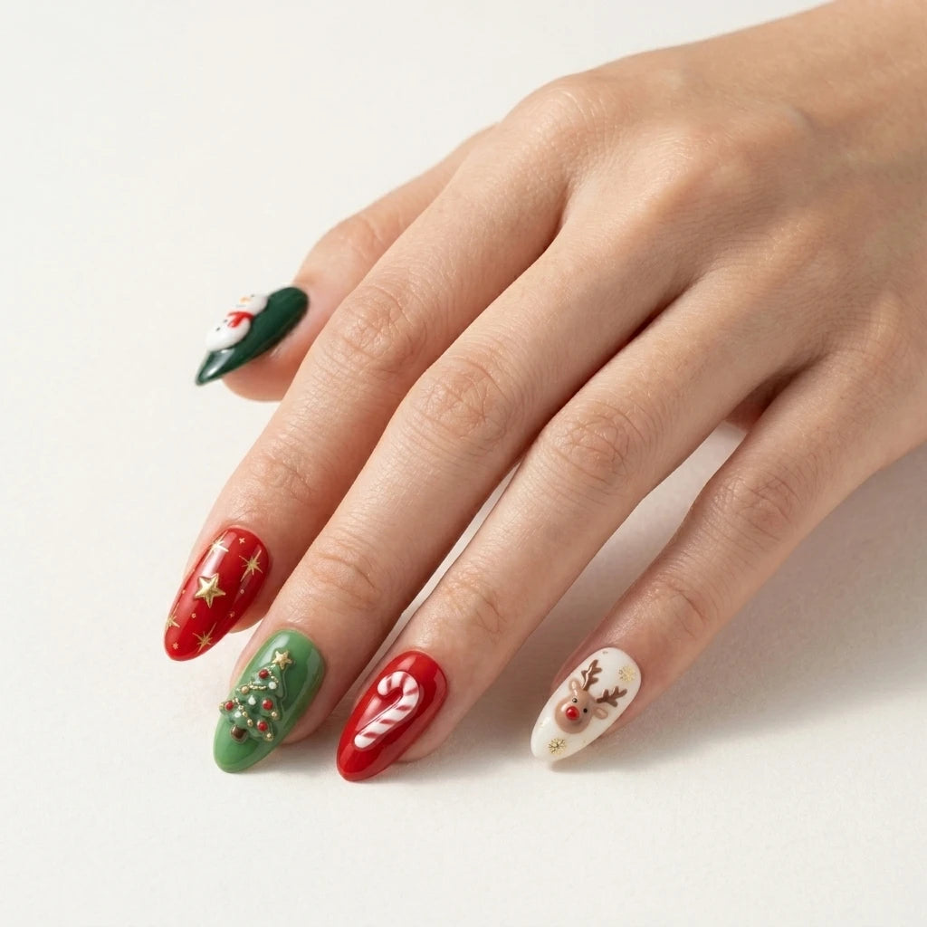 red green 3d almond press on nails snowman candy cane christmas tree reindeer mockup 01