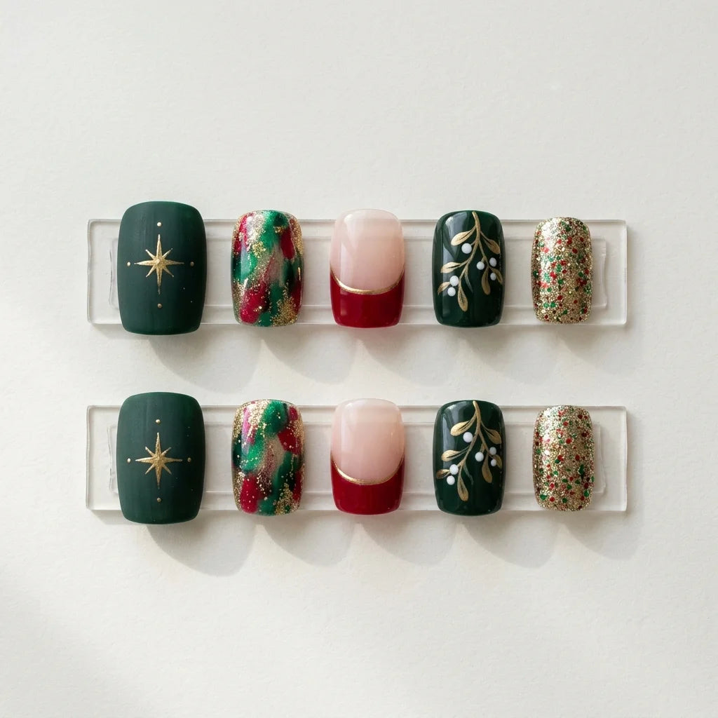 red green ivory glitter french tip christmas square short press on nails holly flat lay 03