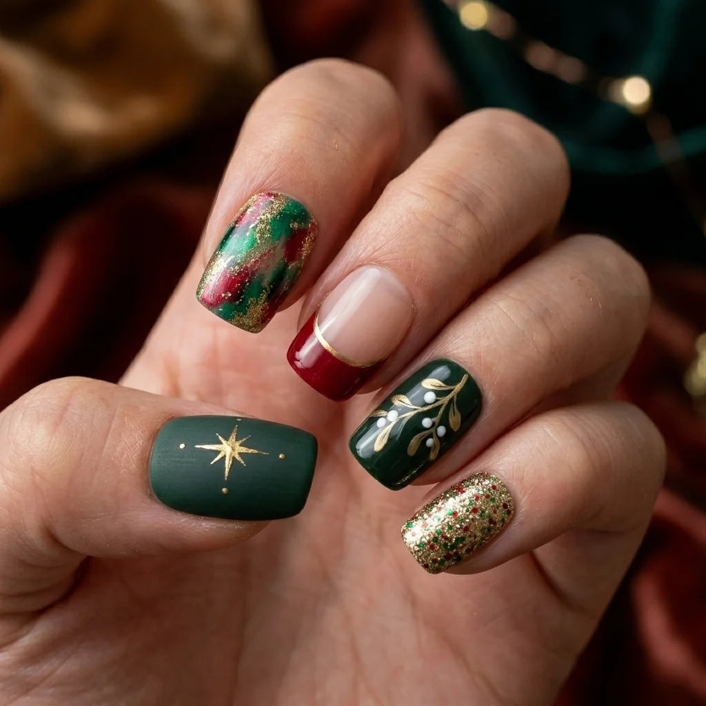 red green ivory glitter french tip christmas square short press on nails holly lifestyle 02