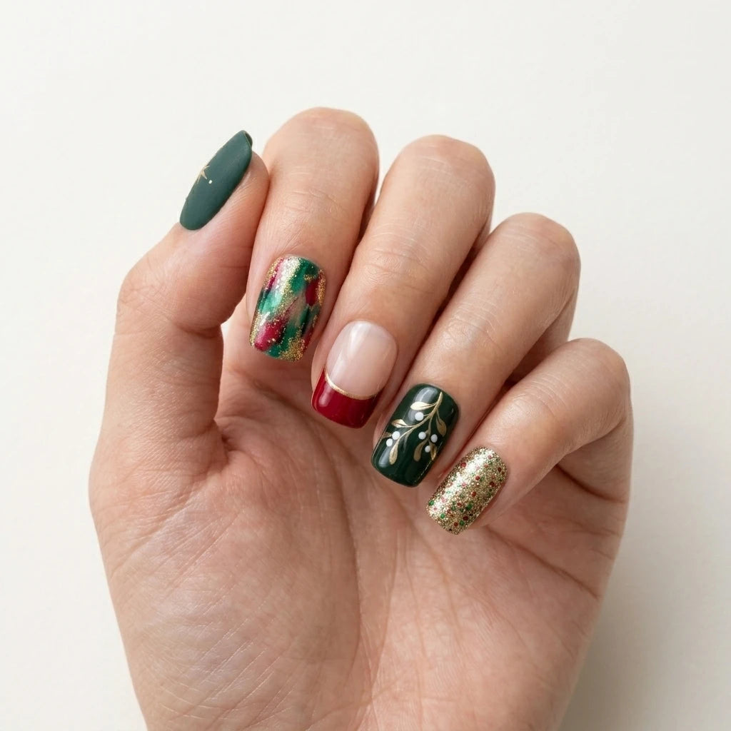 red green ivory glitter french tip christmas square short press on nails holly mockup 01