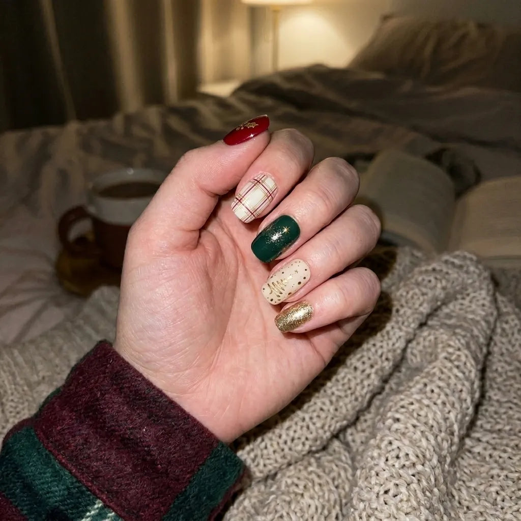 red green ivory hand painted christmas square short press on nails plaid holly glitter flat lay 04