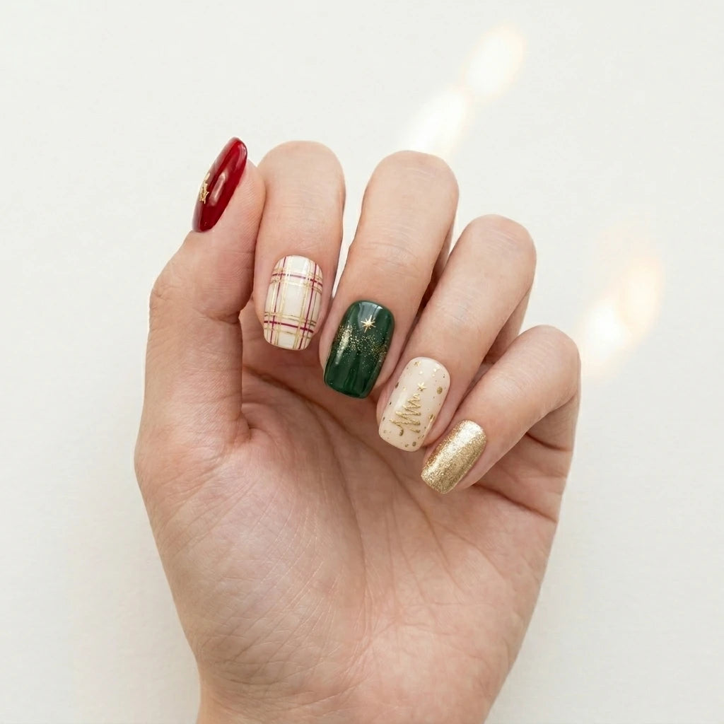 red green ivory hand painted christmas square short press on nails plaid holly glitter lifestyle 02