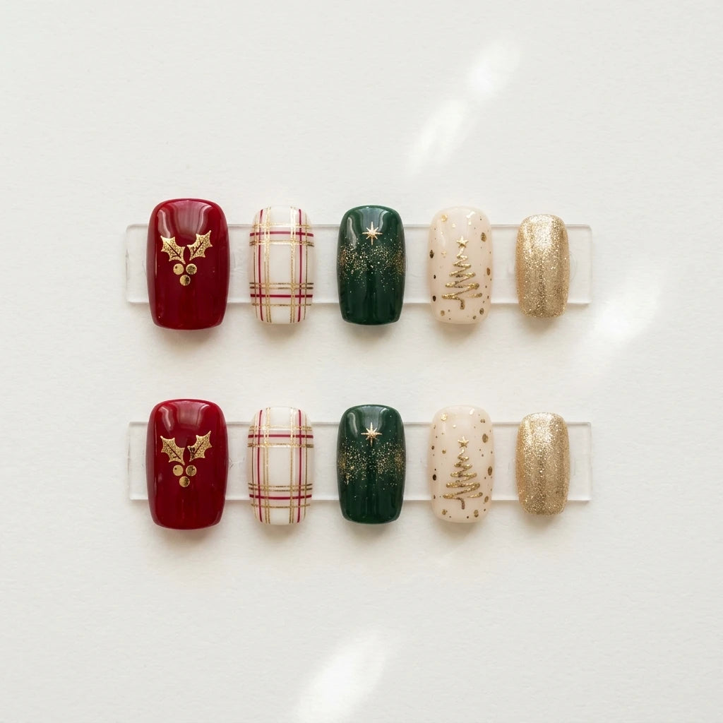 red green ivory hand painted christmas square short press on nails plaid holly glitter lifestyle 03