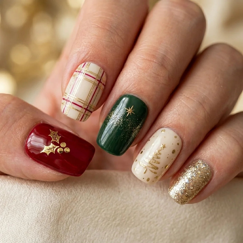 red green ivory hand painted christmas square short press on nails plaid holly glitter mockup 01