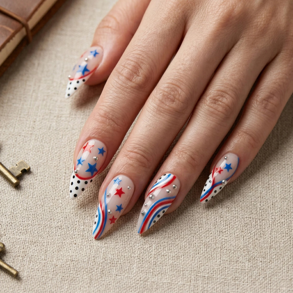 red hand painted 4th of july stiletto medium press on nails star stripe mockup 01