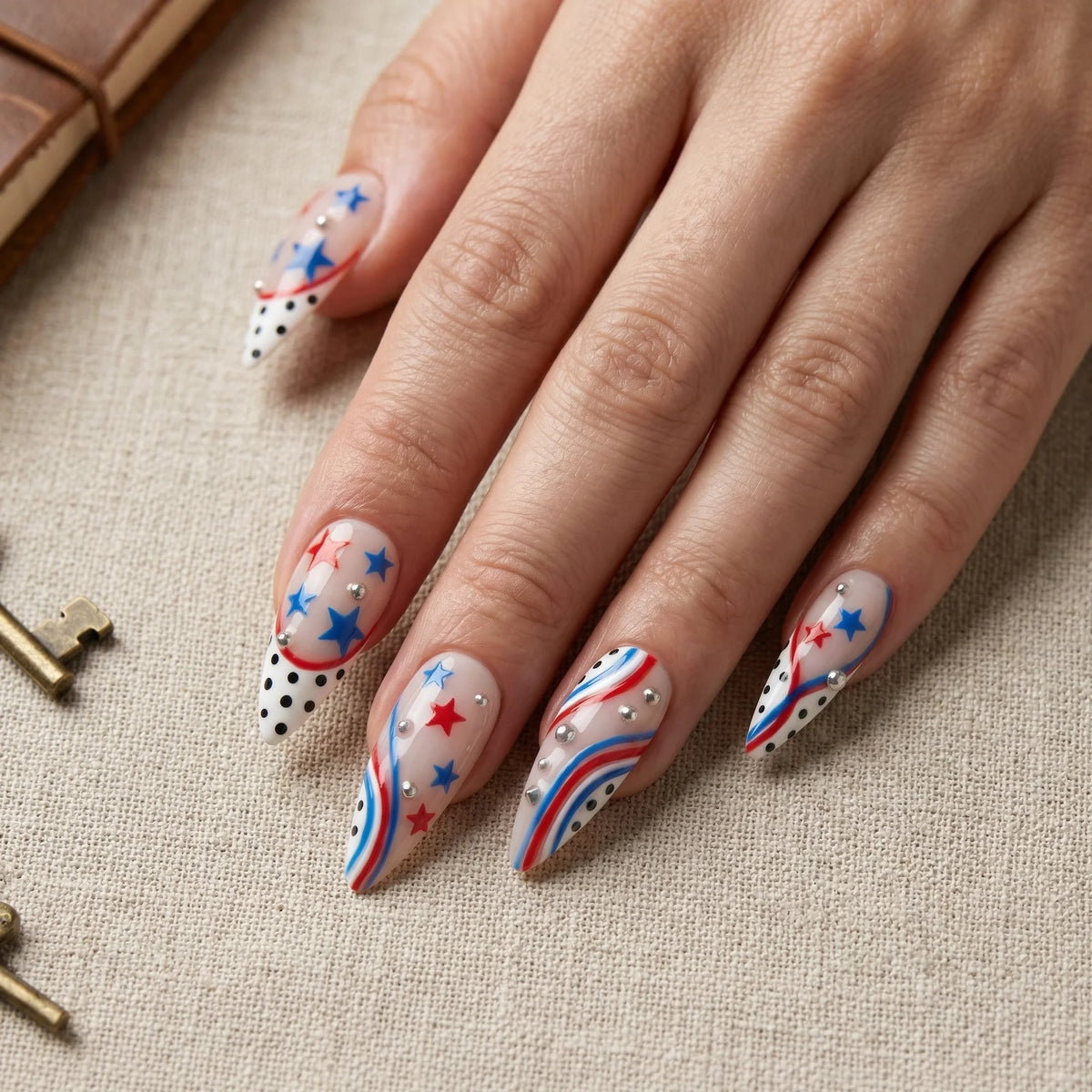 red hand painted 4th of july stiletto medium press on nails star stripe mockup 01