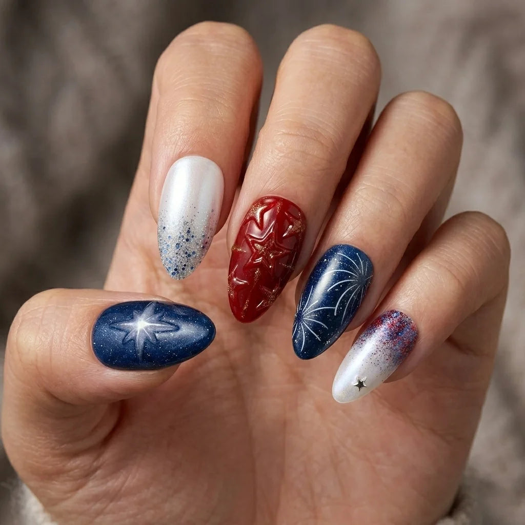 red navy white 3d glitter 4th of july almond press on nails star cluster firework detail 04