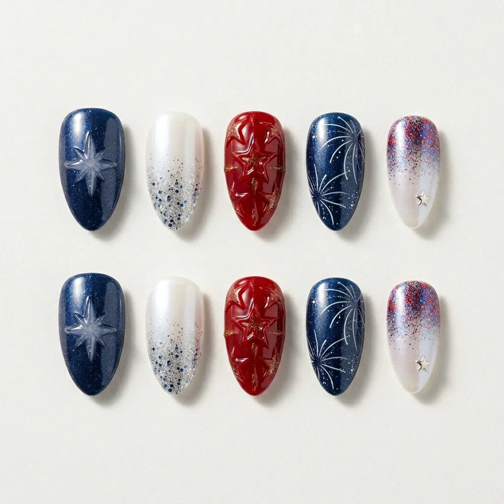 red navy white 3d glitter 4th of july almond press on nails star cluster firework detail 05