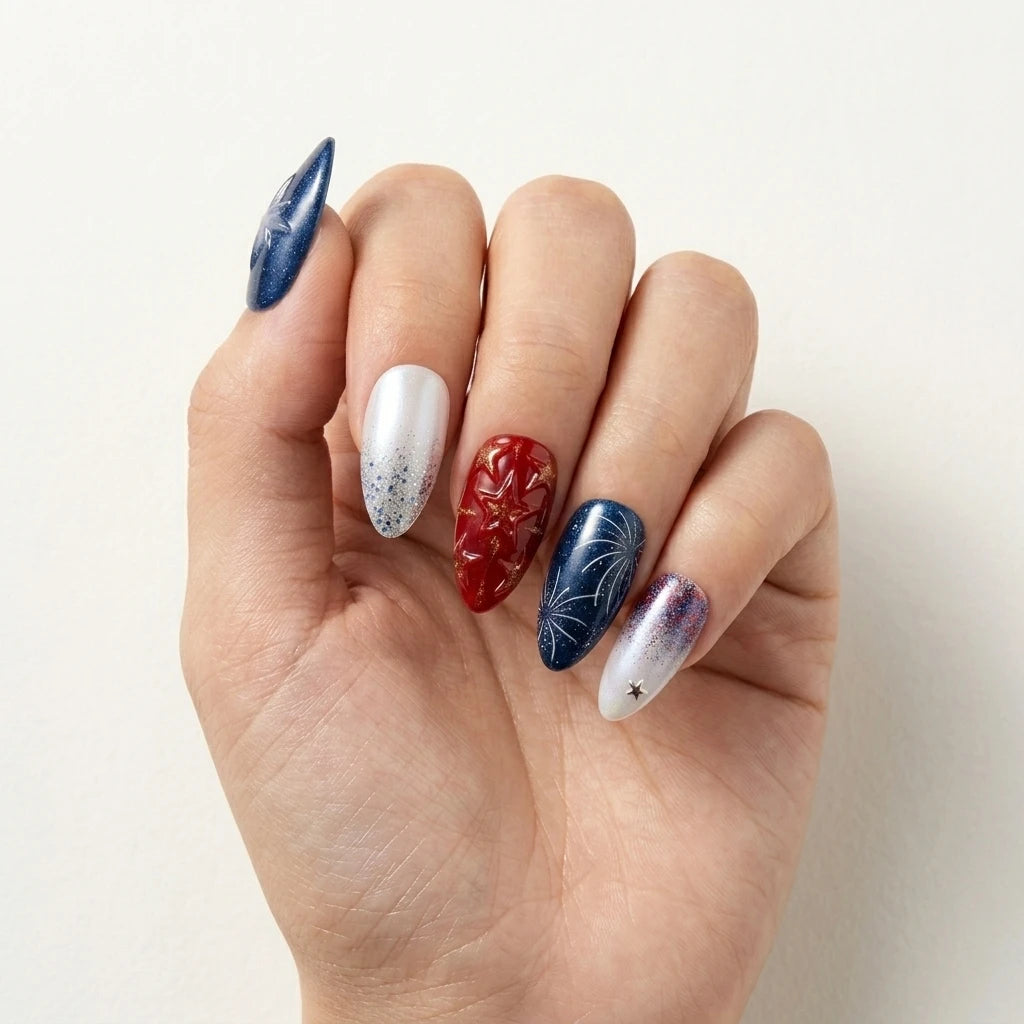 red navy white 3d glitter 4th of july almond press on nails star cluster firework lifestyle 03