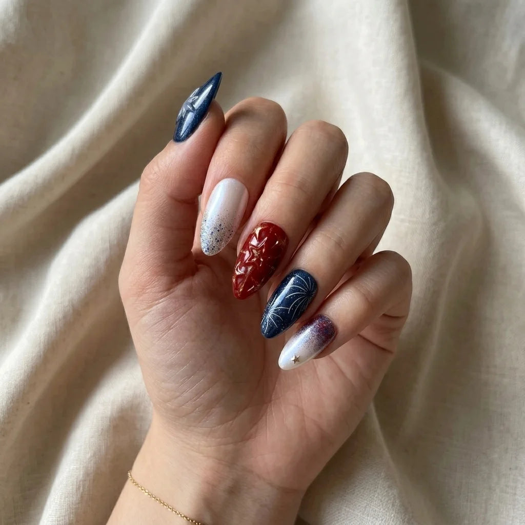 red navy white 3d glitter 4th of july almond press on nails star cluster firework mockup 01