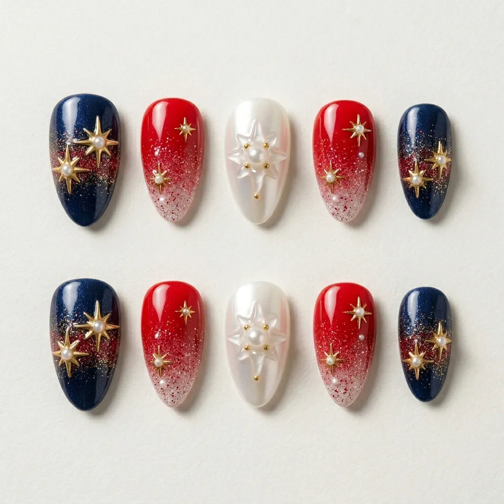 red navy white 3d ombre 4th of july almond press on nails star pearl detail 03